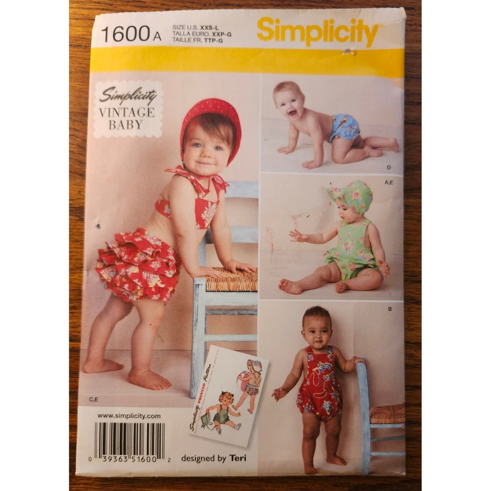 Simplicity 1600 Vintage Baby Romper Bikini Panties Bonnet Pattern XXS-L Teri